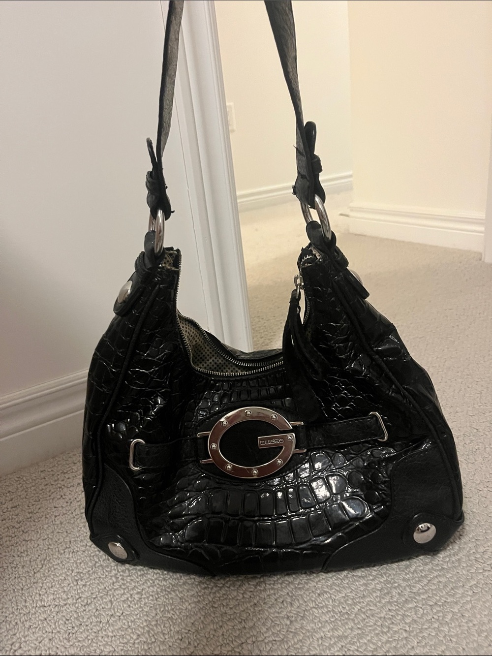 GUESS Black Croc-Embossed Shoulder Bag with Silver Hardware